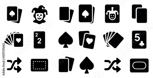 Card game solid icons set – flat, filled, play and strategy symbols