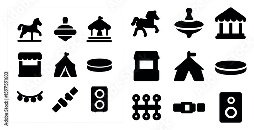Carnival and amusement park solid icons set – silhouette, filled, funfair symbols