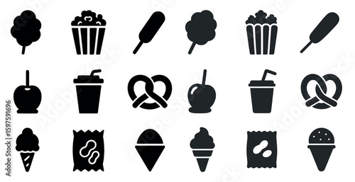 Carnival and snack silhouette icons set – solid, filled, fair and festival graphics