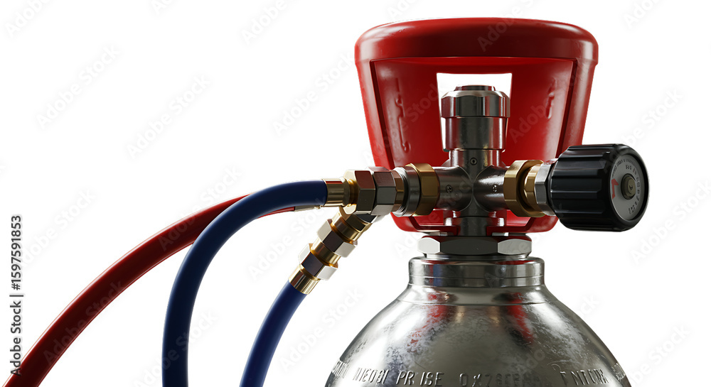 Fototapeta premium Close up of an Oxygen or Gas Cylinder with Regulator and Hoses against Black Backdrop for Industrial Applications