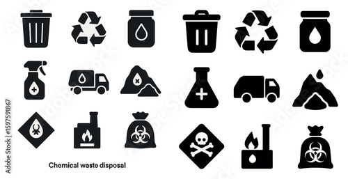 Chemical waste disposal solid icons set – recycle, hazard, safety symbols