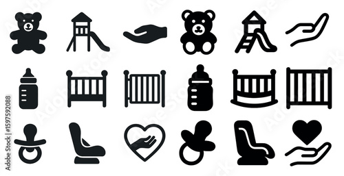 Childcare and parenting solid icons set – nursery, baby, and family care symbols