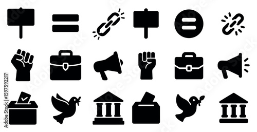 Protest and freedom solid icons set – silhouette, filled, activism and equality symbols