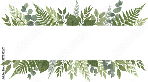 Elegant watercolor border of lush green ferns and eucalyptus leaves framing a blank white space for text