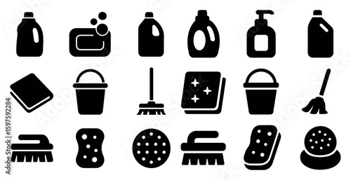 Cleaning solid icons set – filled, detergent, housekeeping and sanitation symbols