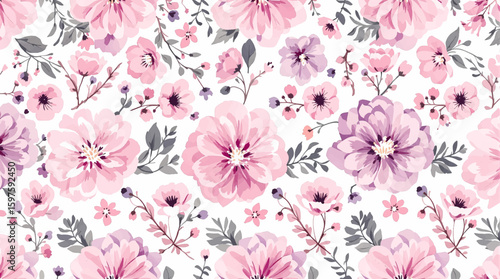 Soft pastel watercolor flowers, in shades of blue and pink on a white background, watercolor flower seamless pattern. Watercolor print in rustic vintage style, textile or wallpaper.