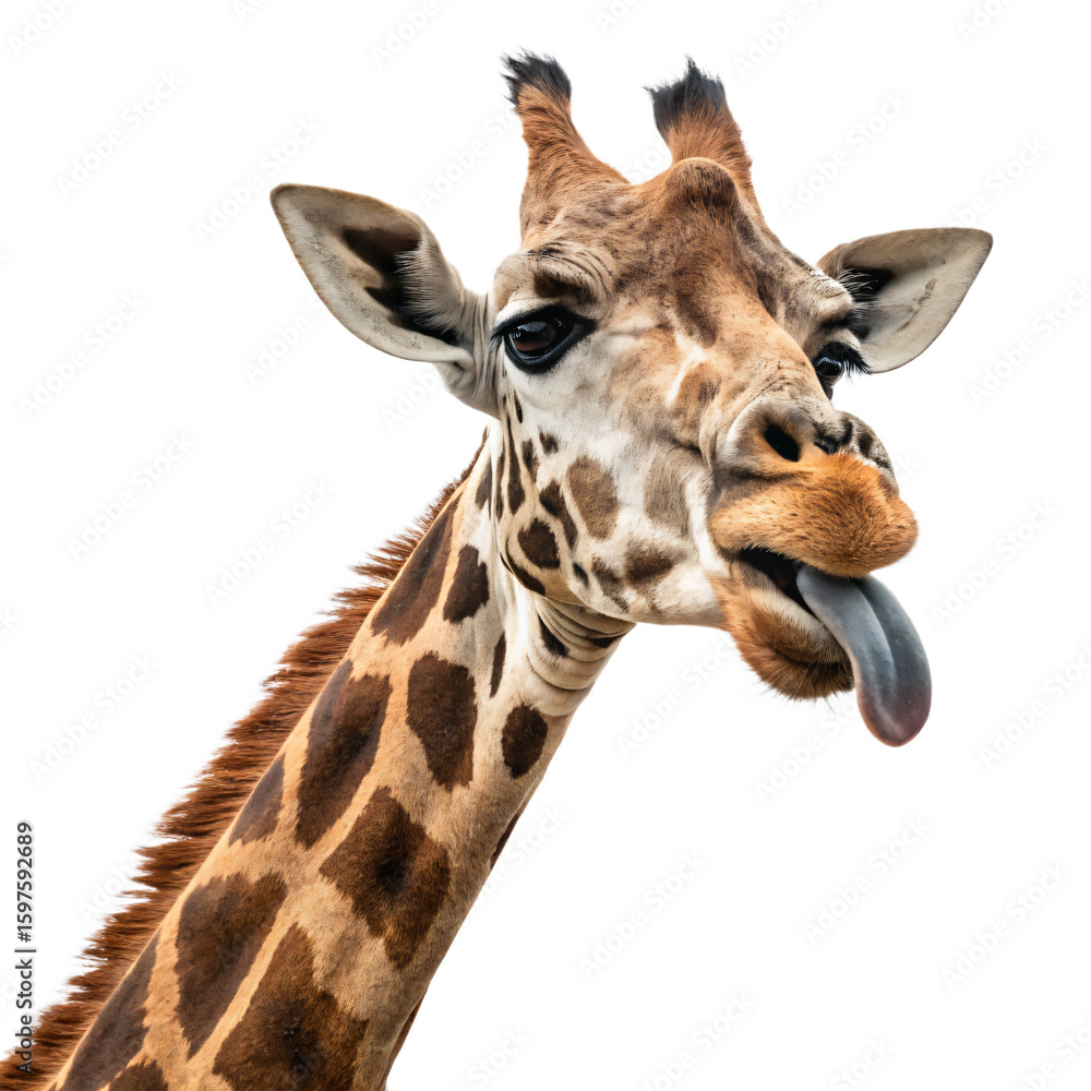 Fototapeta premium Giraffe CloseUp A Detailed Look at a Giraffes Face and Neck Isolated On Transparent Background
