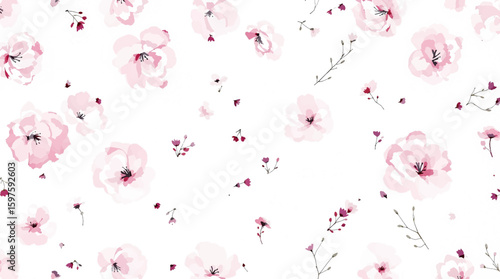 Soft pastel watercolor flowers, in shades of blue and pink on a white background, watercolor flower seamless pattern. Watercolor print in rustic vintage style, textile or wallpaper.