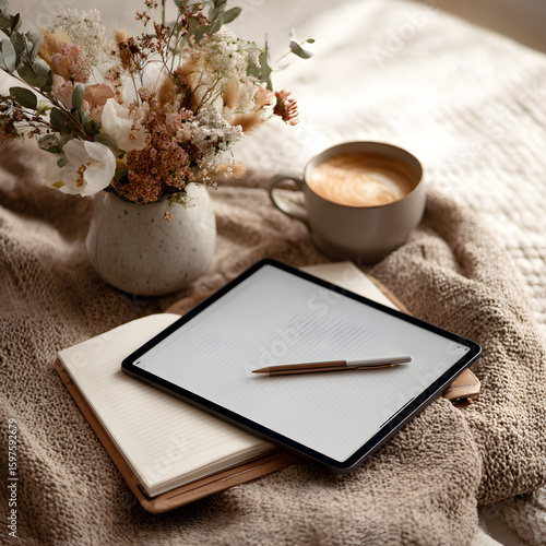 Comfortable Bed Workspace with Tablet, Notebook, and Warm Drink