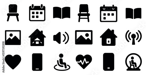 Home and utilities solid icons set – filled, furniture, essential elements