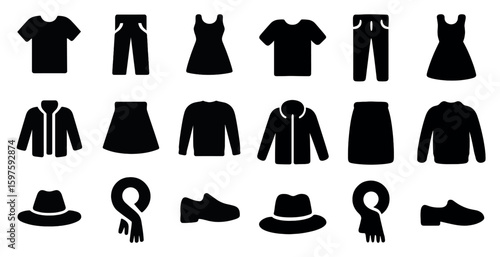 Clothing and fashion silhouette icons set – apparel, outfits, wardrobe symbols