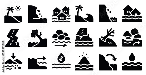Natural disaster icons set – solid, silhouette, emergency and weather symbols