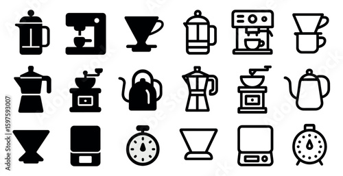 Coffee brewing outline icons set – linear, espresso, beverage preparation symbols