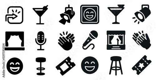 Performance and entertainment icon set – silhouette, solid, theater and show symbols