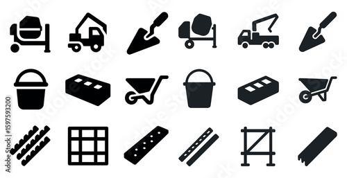 Construction tools solid icons set – filled, diy, building symbols