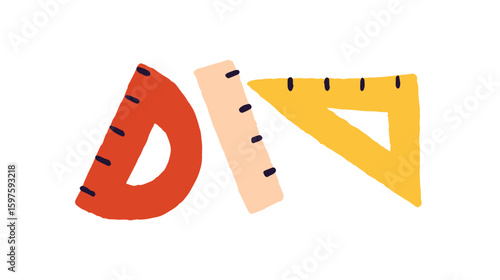 Different rulers for drafting architecture drawings. Triangle and protractor to measure. Geometric supplies. School stationery for geometry. Flat isolated vector illustration on white background