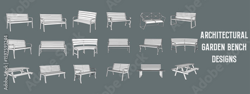Architectural Garden Bench Designs Collection with Minimalist Line Art Illustrations for Outdoor Furniture, Landscaping, and CAD Design Projects