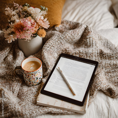 Top View of Tablet with Notebook and Mug – Minimalist Desk Setup