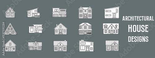 Architectural House Designs Collection with Minimalist Line Art Illustrations of Modern, Traditional, and Contemporary Homes for CAD, Exterior, and Interior Design Projects