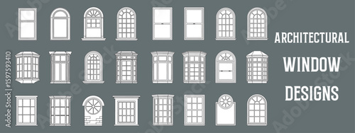 Architectural Window Designs Collection with Minimalist Line Art Illustrations of Modern and Classic Frames for CAD, Interior, and Exterior Design Projects