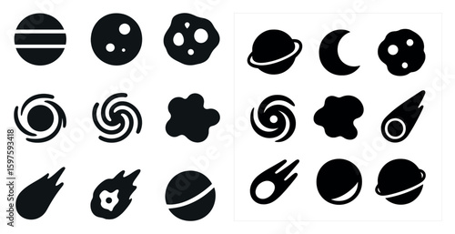 Space and cosmic icons set – silhouette, filled, planets and asteroid symbols