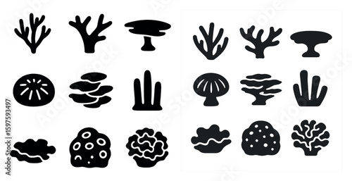 Marine and coral solid icons set – silhouette, filled, ocean life symbols