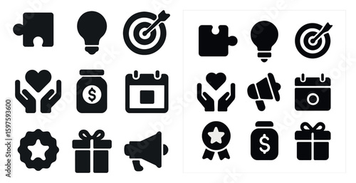 Business and marketing icons set – solid, filled, corporate symbols for branding