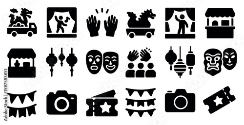 Theater and festival solid icons set – filled, performance, cultural symbols