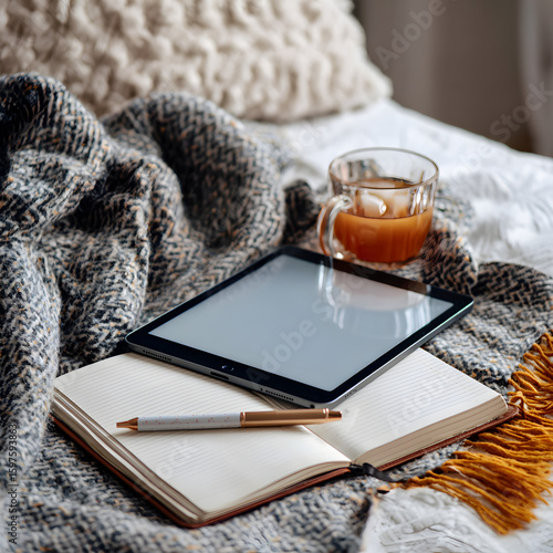 Top View of Tab, Journal, and Mug on Soft Blanket – Cozy Morning Vibes