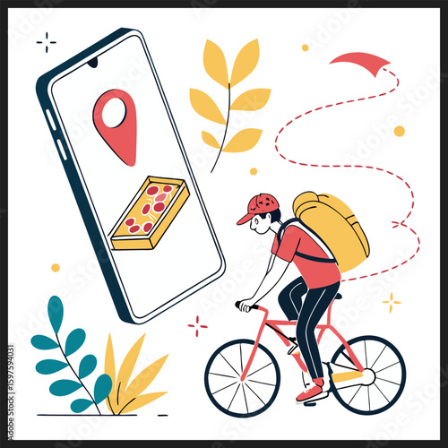 Delivery bike online cartoon character send order to location sharing on smartphone sma