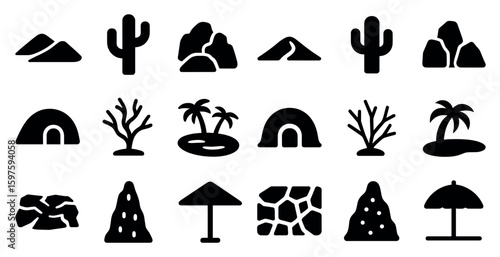 Desert and oasis filled icons set – silhouette, solid, nature and travel symbols