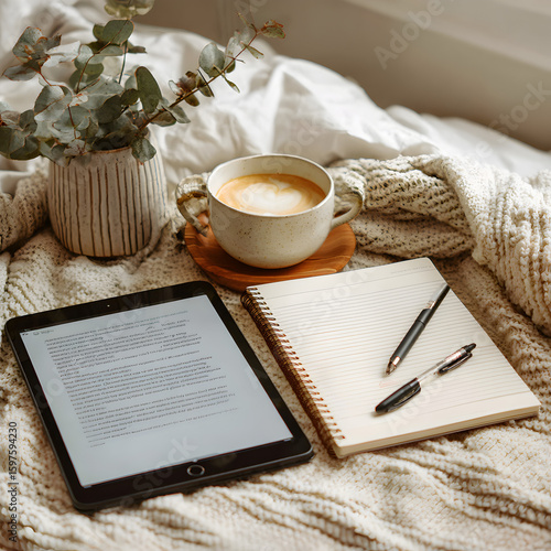 Tablet, Notebook, and Coffee Mug on Cozy Bed – Relaxed Work-from-Home Scene