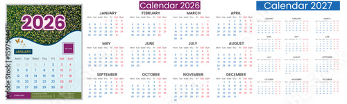 Vector calendar design of 2026 and 2027 year. Realistic calendar design of 2026 and  2027 on a solid white background. Editable font 