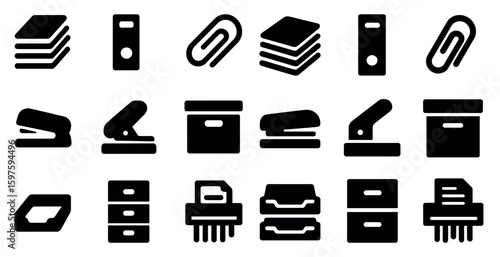 Office supply solid icons set – filled, stationery and work essentials symbols