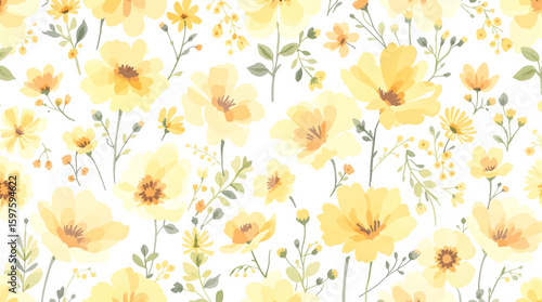 Watercolor style beautiful wildflowers, field of flowers, long decorative border isolated on a clear background, vector illustration.