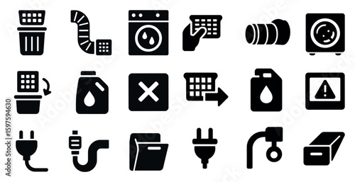 Laundry solid icons set – filled, washing and cleaning symbols for home organization
