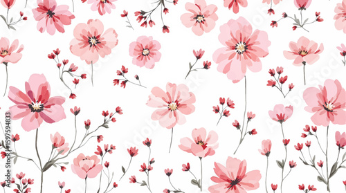 Seamless floral pattern, The flowers have a rounded, full blossom shape.