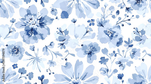 A seamless pattern of watercolor-style flowers and foliage. The flowers are various shades of blue and peach, with a soft, slightly muted color palette. 