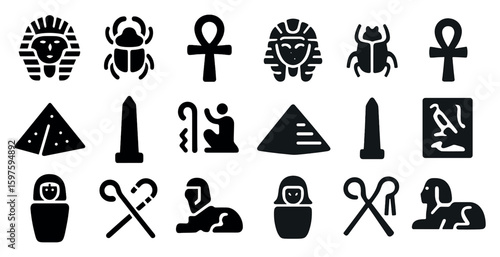 Ancient egypt solid icons set – filled, archeology, history symbols