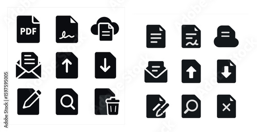 Document management solid icons set – filled, flat, file and email symbols