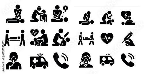 Emergency response silhouette icons set – flat, first aid, medical care symbols