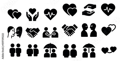 Love and relationship solid icons set – filled, heart, companionship symbols