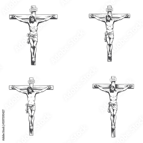 Four Renditions of Jesus Christ on the Cross Vector Art