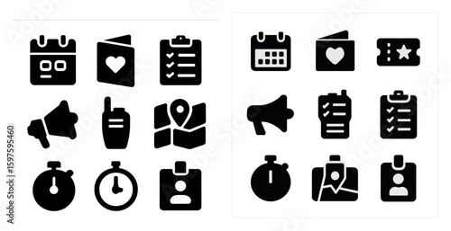 Event planning solid icons set – filled, flat, organization and scheduling symbols