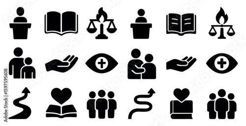 Law and justice solid icons set – legal, filled, court and advocacy symbols