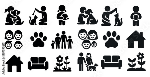 Pet and family silhouette icons set – solid, filled, domestic and animal symbols