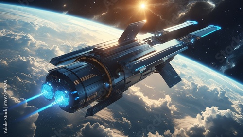 Wallpaper Mural A spaceship and satellite in flight around Earth, with a jet plane flying in the sky Torontodigital.ca