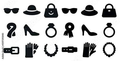 Fashion and accessories solid icons set – filled, style, clothing symbols for designers
