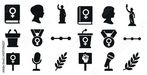 Feminist activism filled icons set – silhouette, gender equality, empowerment symbols