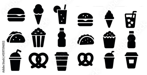 Food and beverage solid icons set – silhouettes, snacks, drinks symbols
